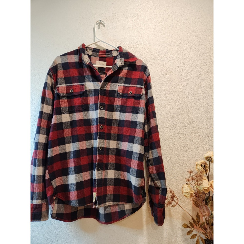 JACHS Men's Plaid Flannel Shirt L Red work Navy cotton‎ Herringbone Button Front